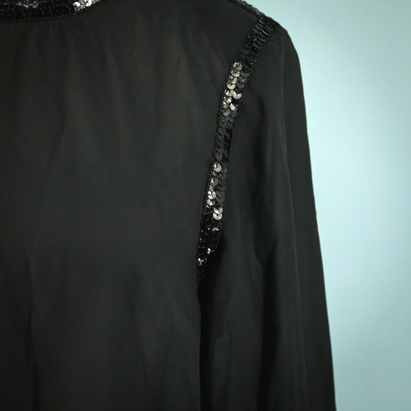 Oscar de la Renta Size 12 Black Sequin Detail Open Cut Out Back Long Sleeve Top - Picture 3 of 8